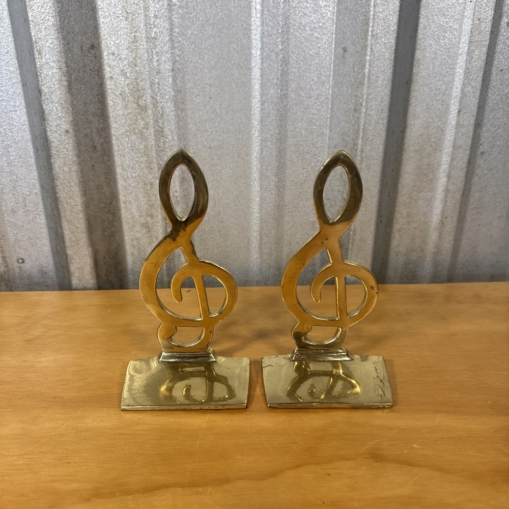 Vintage Penco Industries Brass Treble Clef Bookends 7" Heavy Music Decor India